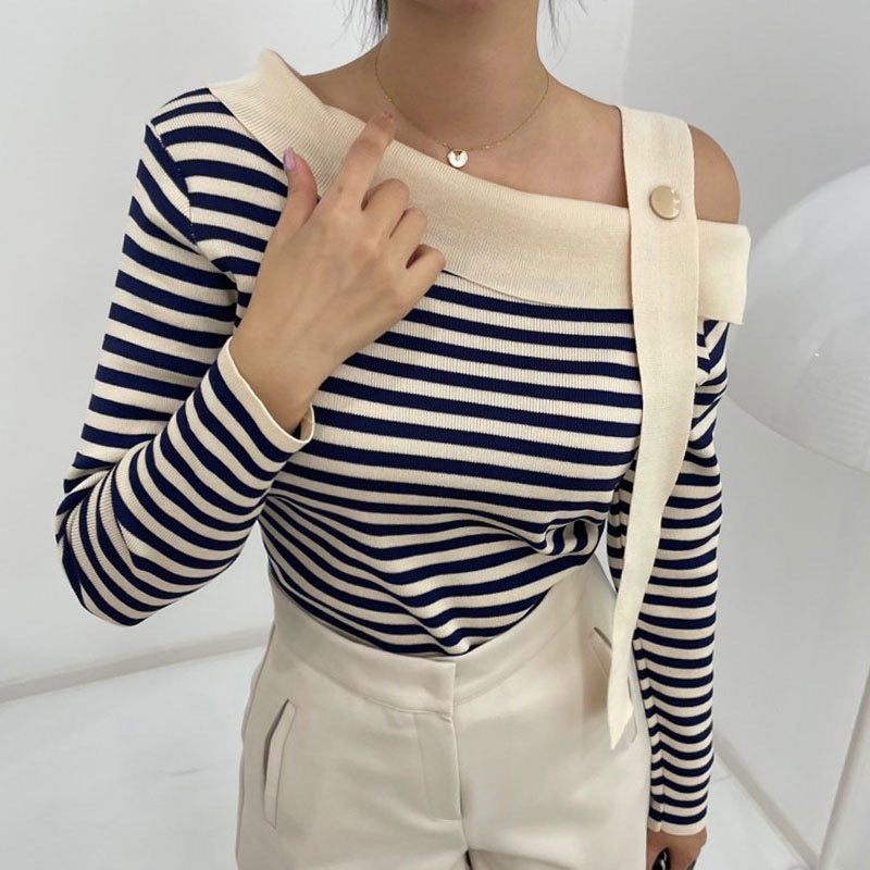 Korean chic autumn elegant niche slanted collar irregular off-shoulder design contrasting color striped loose long-sleeved sweater