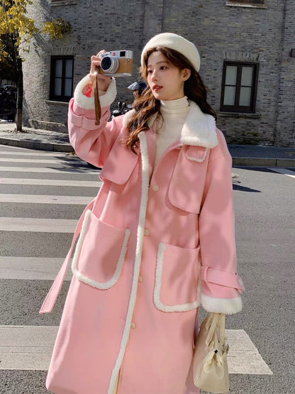 Pink lamb wool woolen coat women's winter thickened stand collar 2022 new Korean style gentle advanced woolen coat