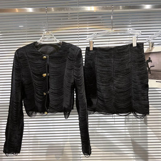 Net red same style 2022 autumn new style small fragrant wind tassel line shoulder pad suit short jacket + skirt suit