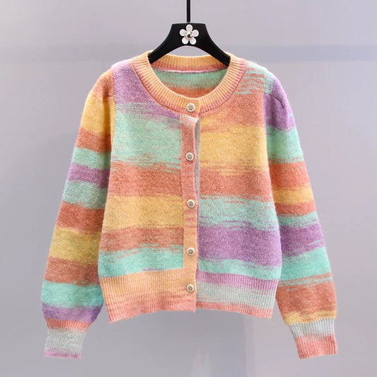 Japanese gradient rainbow striped sweater jacket women's autumn and winter 2022 new loose outer wear foreign style knitted cardigan