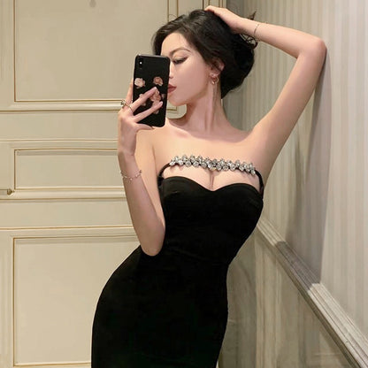 Evening dress skirt high-end light luxury niche autumn style high-end black slim sexy tube top dress 2022 new