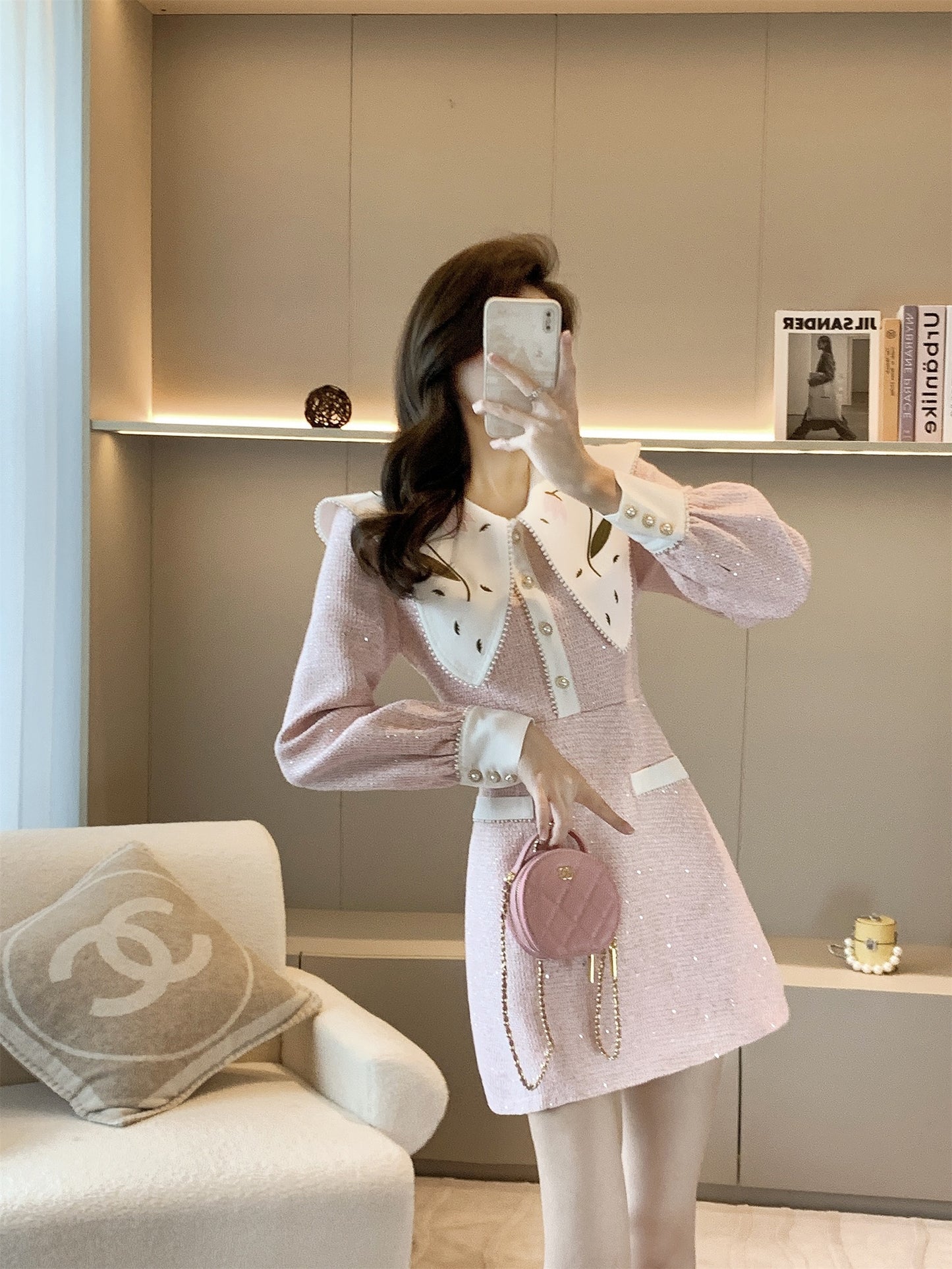 High-end small fragrant wind doll collar dress women's autumn and winter 2022 new style temperament reducing age waist waist design skirt