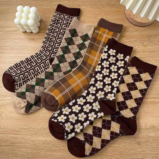 Double-needle double-way socks women's autumn and winter mid-tube stockings retro Hyun Ya flower cotton curry color spring and autumn long tube ins tide