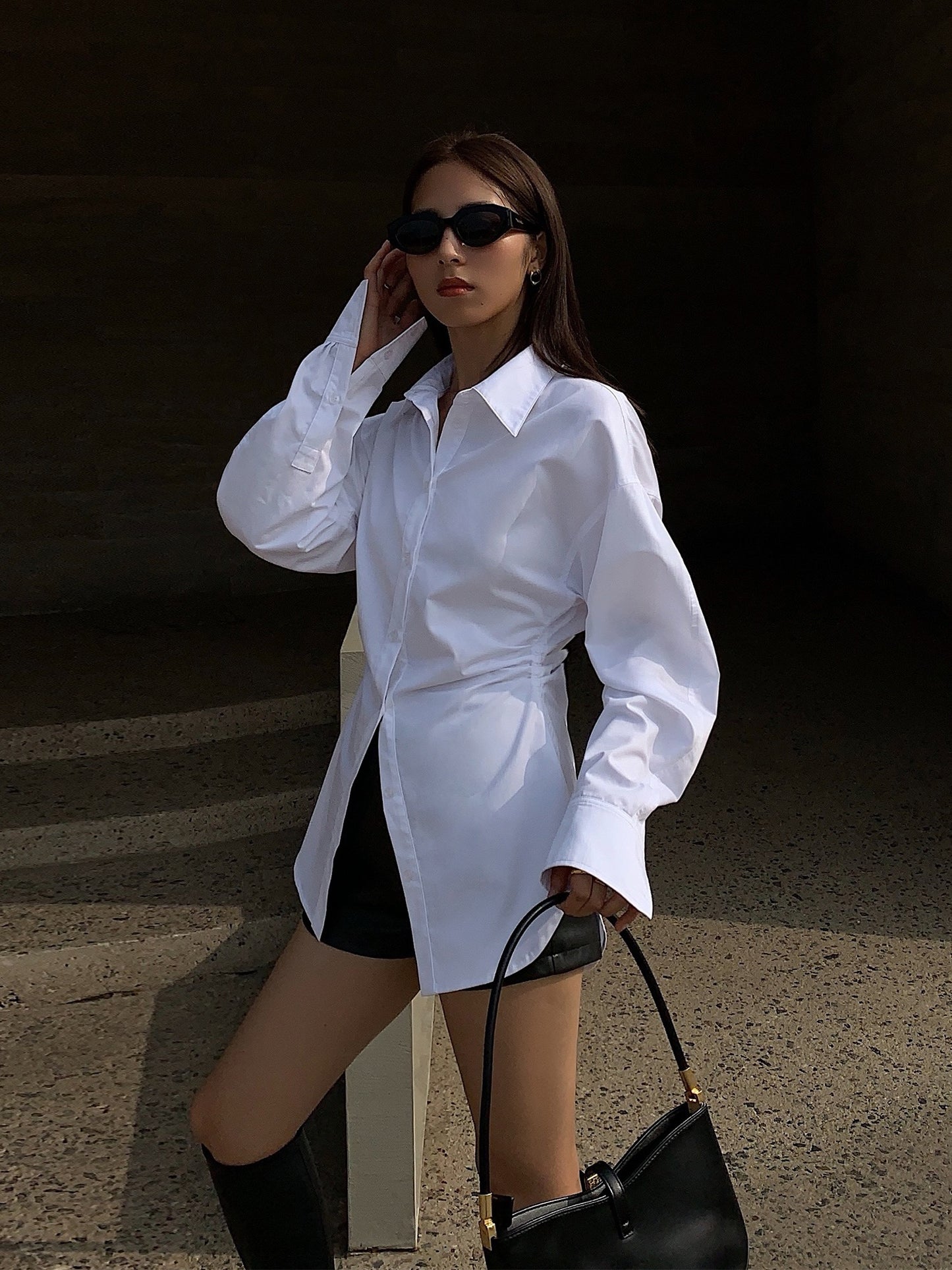 NEVA HU white waist slimming long-sleeved shirt female design sense niche 2022 autumn new slim shirt