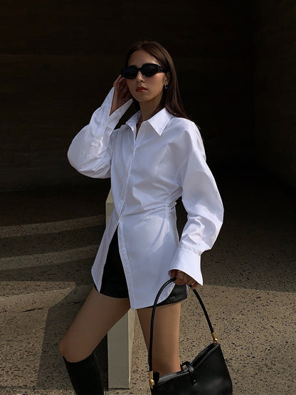 NEVA HU white waist slimming long-sleeved shirt female design sense niche 2022 autumn new slim shirt