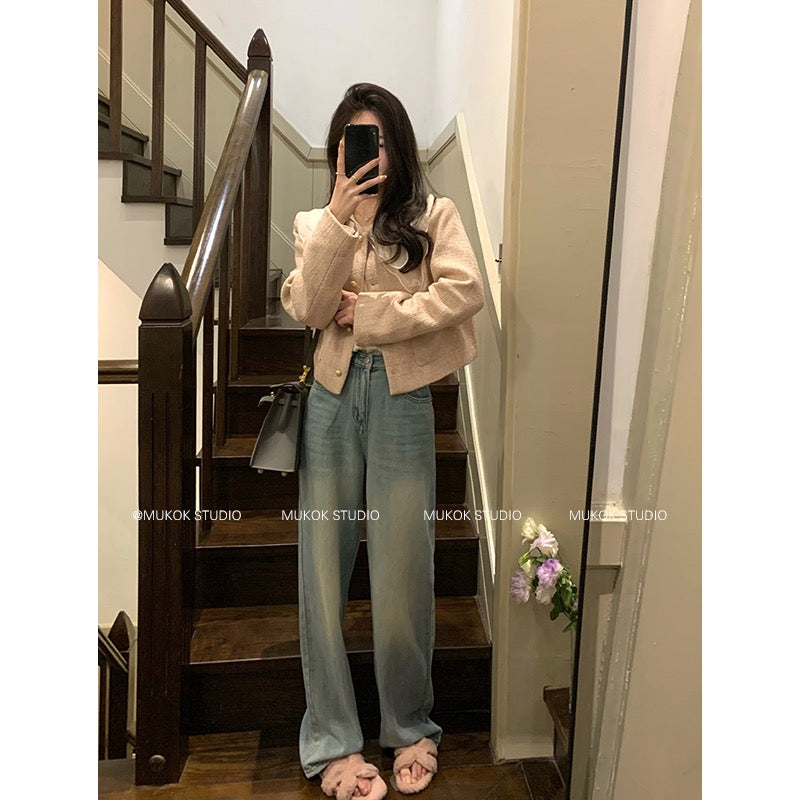MUKOK Retro Blue Straight Jeans Women 2023 Spring New High Waist Drape Casual Wide Leg Mopping Trousers