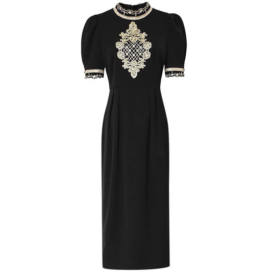 Summer women's clothing 2022 new temperament small stand-up collar short-sleeved slim waist slim black dress long skirt skirt