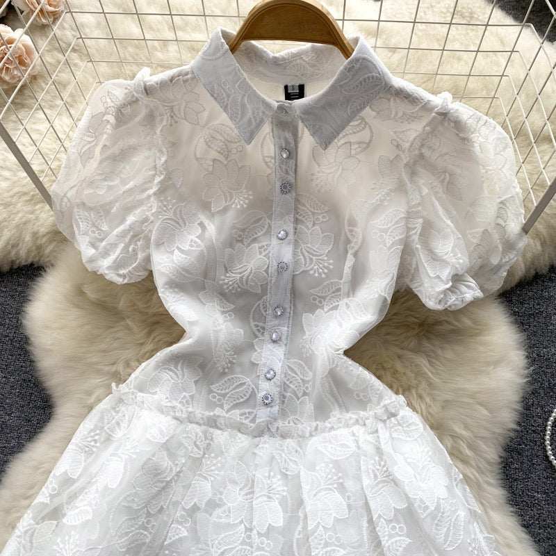Small chic and beautiful lace puff sleeve dress summer women's artistic sense forest princess first love skirt