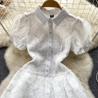 Small chic and beautiful lace puff sleeve dress summer women's artistic sense forest princess first love skirt