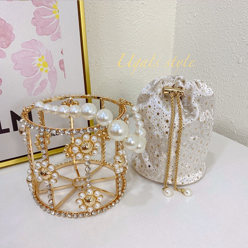 UGALS French retro starry bucket bag handmade diamond beaded pearl bag basket Messenger bag female