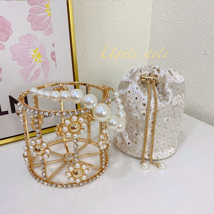 UGALS French retro starry bucket bag handmade diamond beaded pearl bag basket Messenger bag female