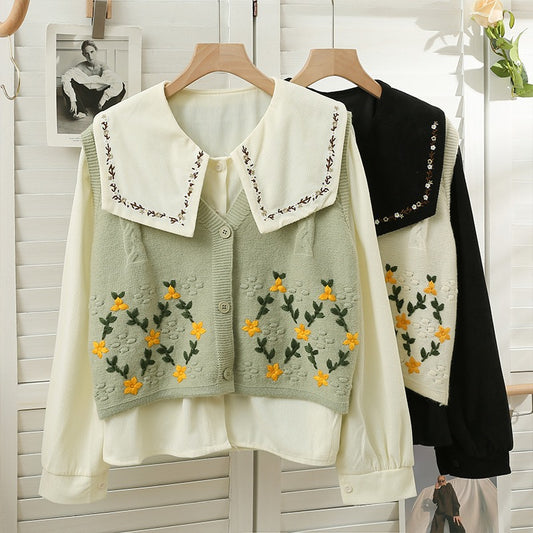 Suit women's 2022 new retro embroidery flower navy collar single-breasted shirt short style outerwear knitted vest