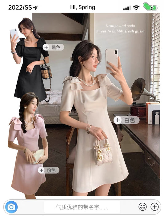 Guoguojia French square-neck dress women's summer new waist and slim temperament a-line skirt high-waisted skirt 11