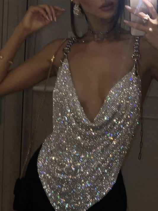 Niche chic bright silver dangling collar halter neck small camisole female nightclub sexy hot girl sweet and spicy top