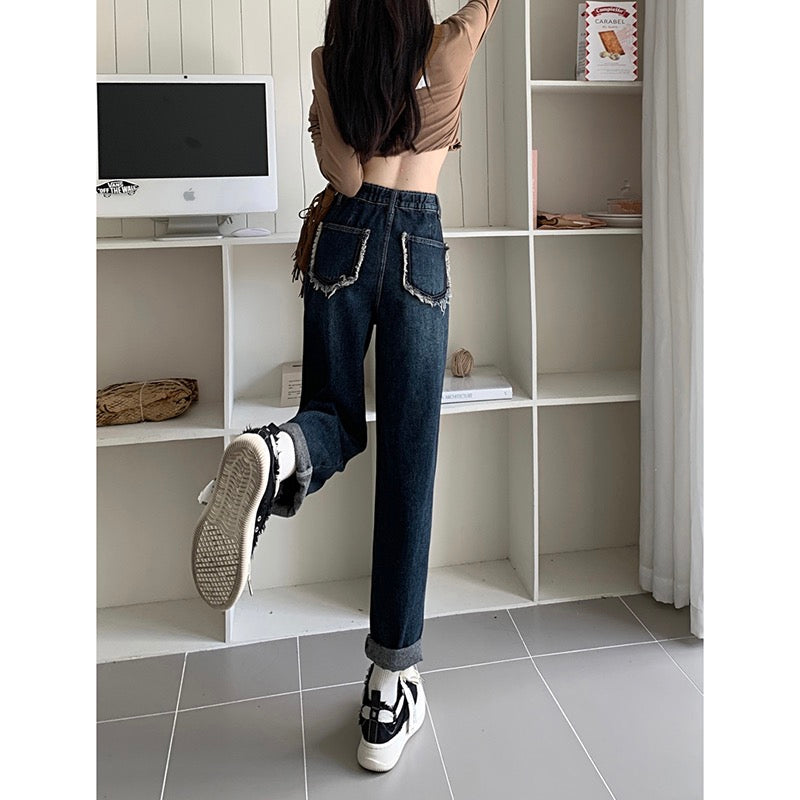 High waist loose washed jeans women's autumn and winter Korean version 2022 new dark color thin all-match straight trousers ins