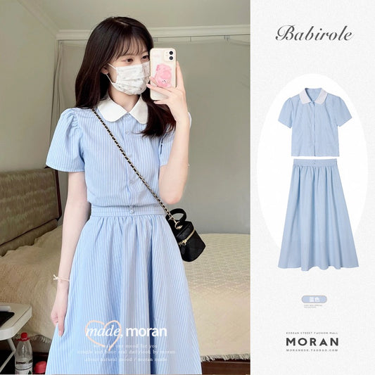 Korean sweet baby doll collar striped shirt suit summer age-reducing blue skirt two-piece set small man