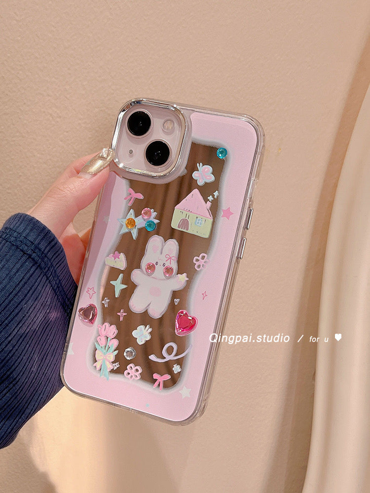 Light style suitable for Apple 14 mobile phone case new iphone13 girl stickers diamond rabbit mirror 12 girls 11 cartoon 14pm net red cute make-up mirror super hot all-inclusive anti-fall hard shell protective cover