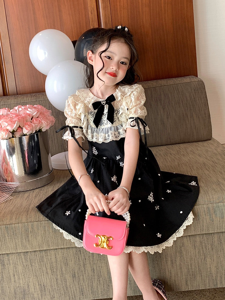 Original Girls Little Fragrance Style Lace Embroidery Dress Summer 2023 New Children's Celebrity Style Puff Sleeve Princess Dress