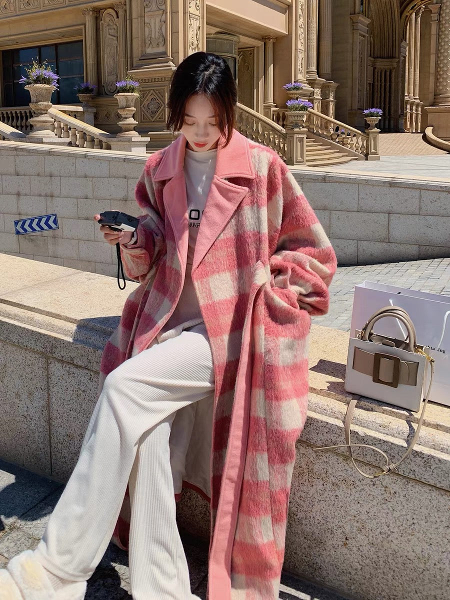 Pink plaid imitation cashmere woolen coat women's autumn and winter long knee-length 2022 new loose and gentle woolen coat