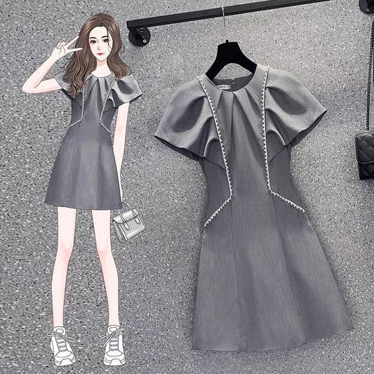 Large size women's clothing 2022 summer new diamond-studded waist round neck dress female summer fat sister small fragrance dress