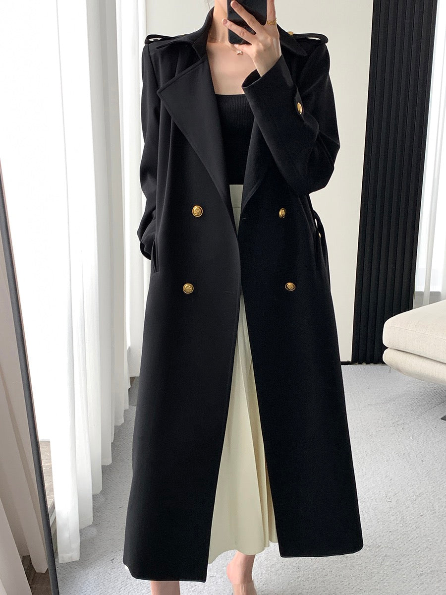 FT GUOGE black windbreaker women's 2023 spring new high-end temperament Hepburn style mid-length coat jacket