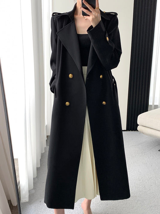 FT GUOGE black windbreaker women's 2023 spring new high-end temperament Hepburn style mid-length coat jacket