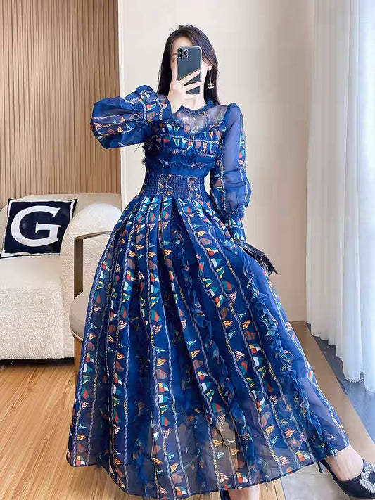 Early autumn new 2022 autumn French floral dress women's autumn long-sleeved skirt autumn dress temperament goddess fan long skirt