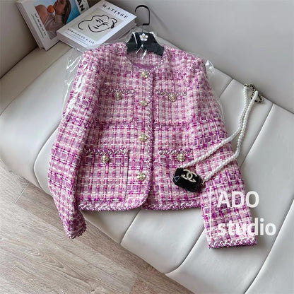 Pink tweed small fragrance coat women's 2022 autumn and winter new temperament ladies high-end sense thin and light luxury top