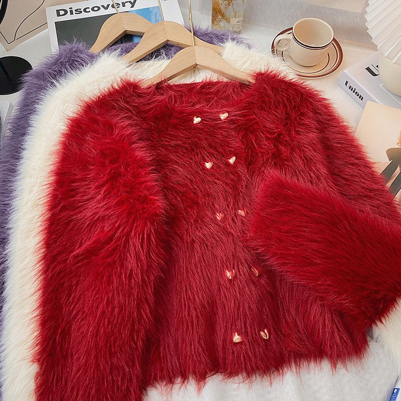 Double-breasted imitation mink coat women's 2022 autumn and winter new Korean version loose all-match warm long-sleeved sweater cardigan