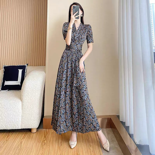 Floral dress temperament ladies new summer female 2022 thin chiffon long skirt French cheongsam skirt summer