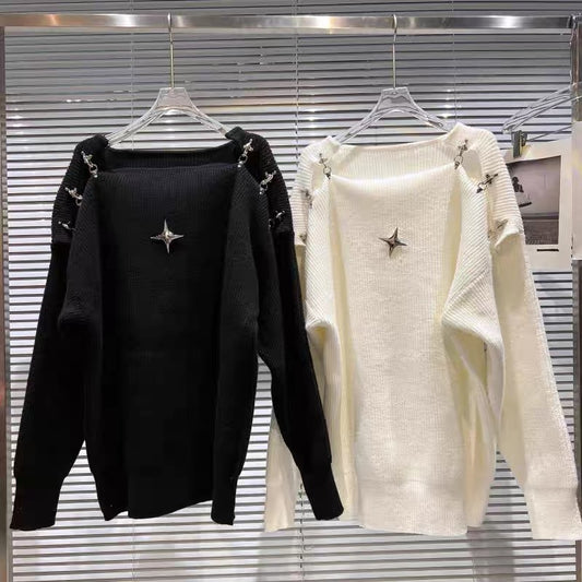 Net red with the same style in autumn 2022, Xiaoxiangfeng fried street metal star pin buckle sleeve knitted sweater top