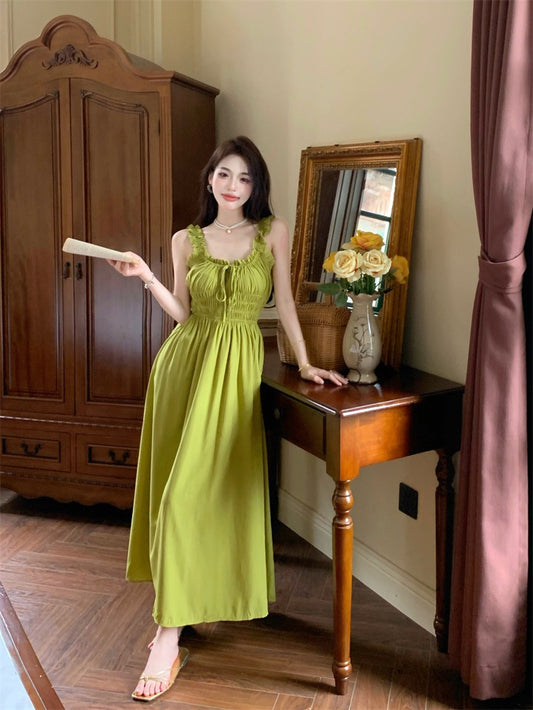 Kumikumi French retro wooden ear strap dress female summer hot girl temperament waist waist mid-length skirt