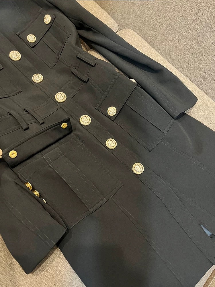 2022 classic black and white turtleneck slim rivet lion head button long-sleeved all-match dress coat D6981