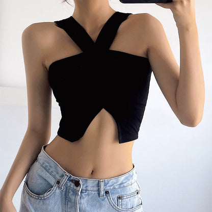European and American sexy hanging neck camisole women's outerwear open back slit slim fit short section navel knitted top trendy
