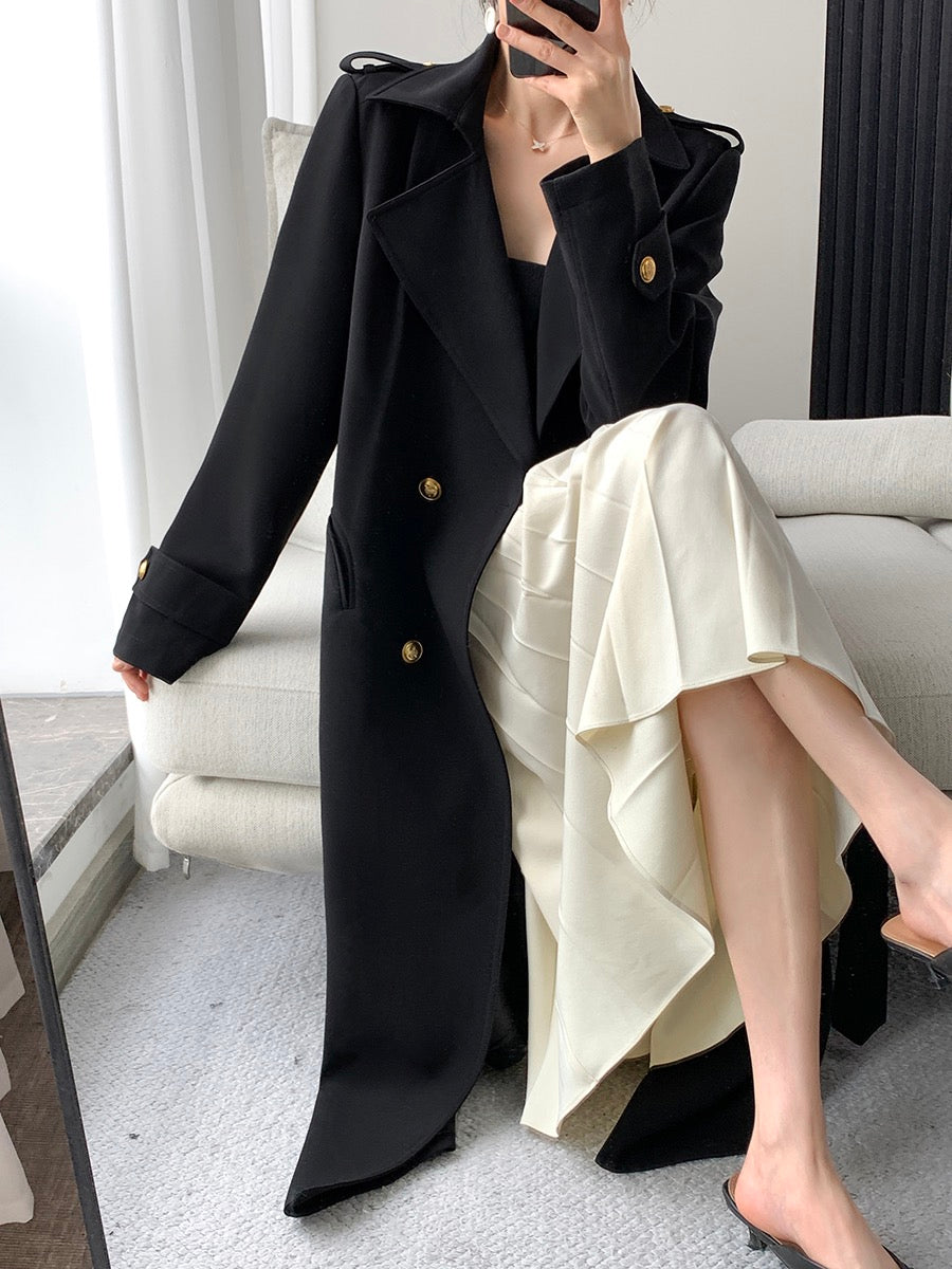 FT GUOGE black windbreaker women's 2023 spring new high-end temperament Hepburn style mid-length coat jacket