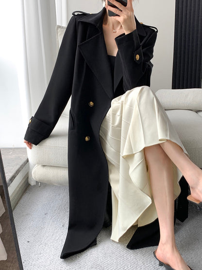 FT GUOGE black windbreaker women's 2023 spring new high-end temperament Hepburn style mid-length coat jacket