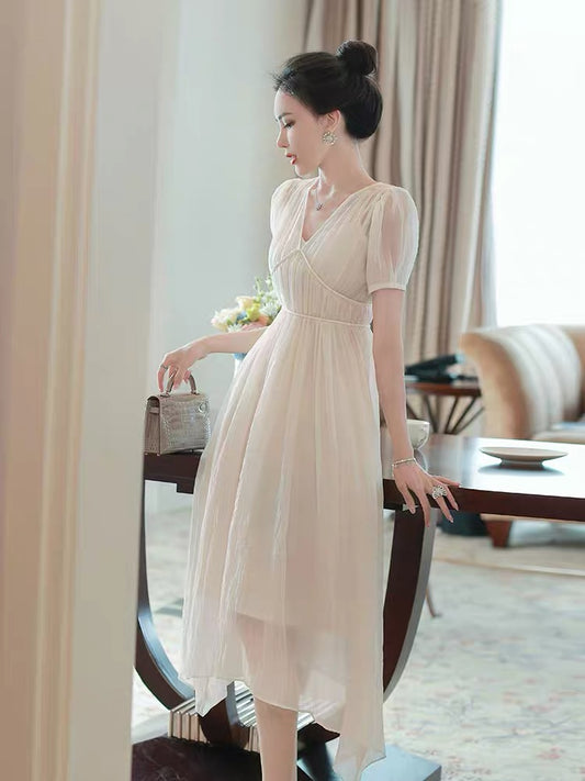 Temperament celebrity texture dress summer female 2022 new fairy skirt gentle waist mid-length skirt trendy