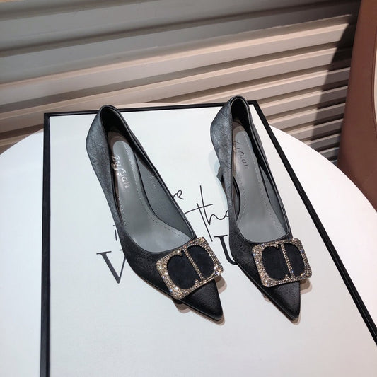 European and American temperament rhinestone square buckle high-heeled shoes female 2022q stay season new sexy French pointed toe stiletto dress single