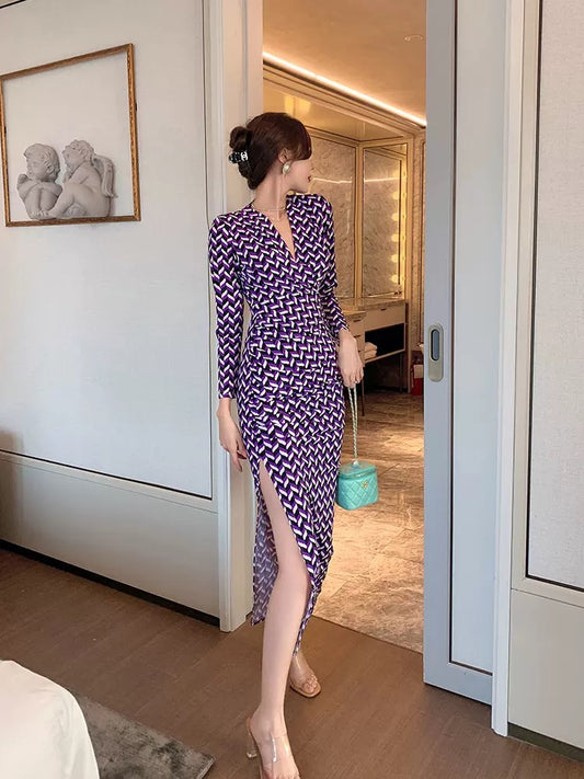 European station 2022 autumn new plaid dress long-sleeved slim temperament goddess fan split long skirt 1549