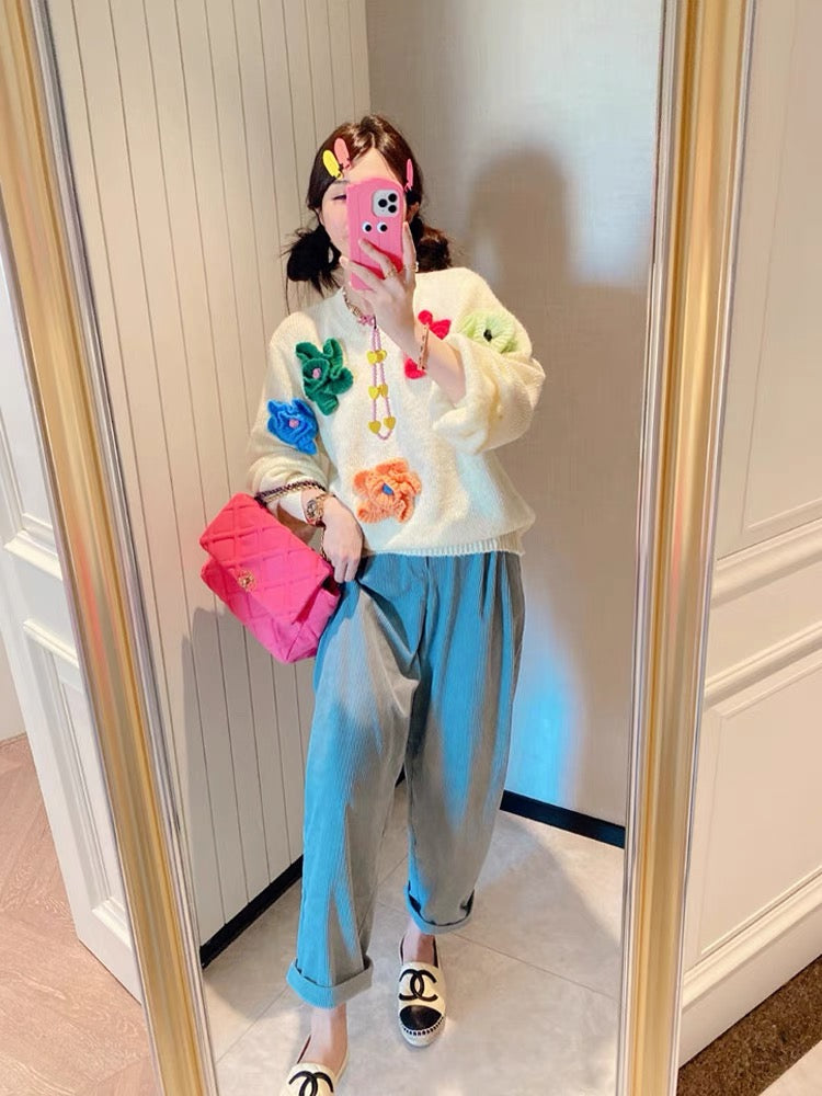 JENNIFER JXLIU Korean autumn and winter~retro color three-dimensional flowers and cream beige loose sweater