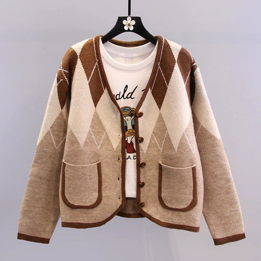 Contrasting color diamond-shaped sweater jacket women's autumn and winter 2022 new retro loose college style outer wear knitted cardigan