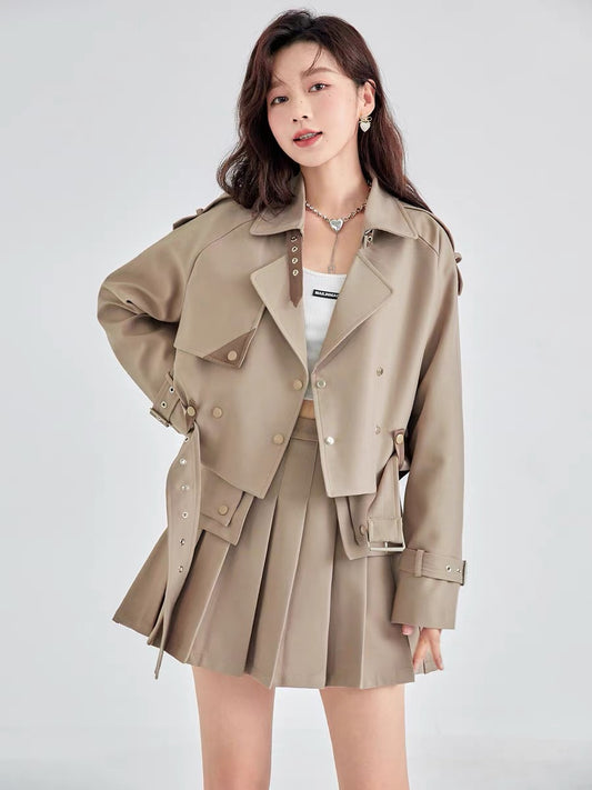 Fantu loose short lapel coat high waist stitching pleated skirt 2022 autumn new suit female chic trendy