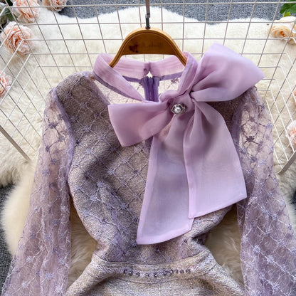 Autumn design sense heavy industry beaded mesh yarn embroidered bowknot dress female long-sleeved princess A-line bag hip skirt
