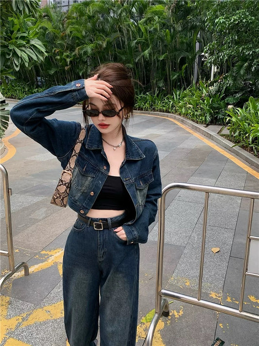 Hong Kong style retro long-sleeved denim jacket women's autumn 2022 new lapel small loose short cardigan jacket