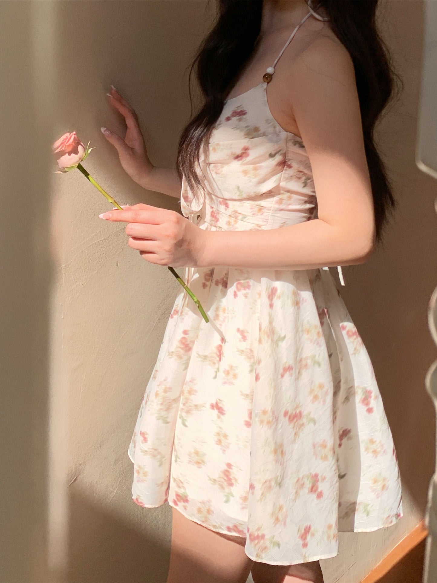 Vetiver Halter Neck Sleeveless Waist Sweet Backless Floral Bow Knot Dress Short Skirt