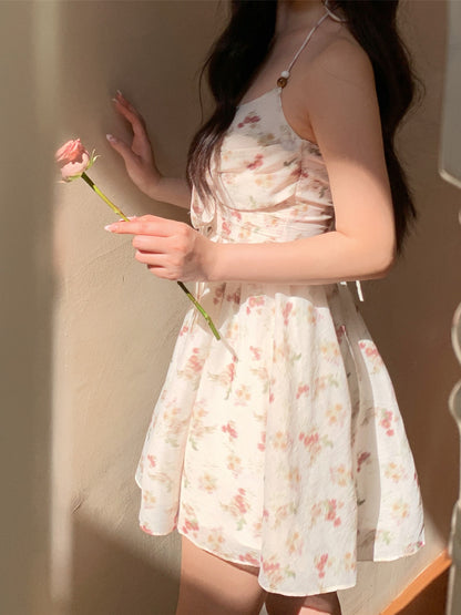 Vetiver Halter Neck Sleeveless Waist Sweet Backless Floral Bow Knot Dress Short Skirt