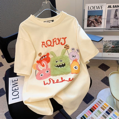 Apricot short-sleeved t-shirt women's summer loose foreign style age reduction all-match large version fun cartoon half-sleeved top clothes tide ins