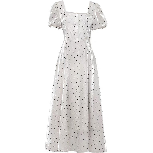 Summer dress 2022 new women's French polka dot dress temperament waist short sleeve slim mid-length dress