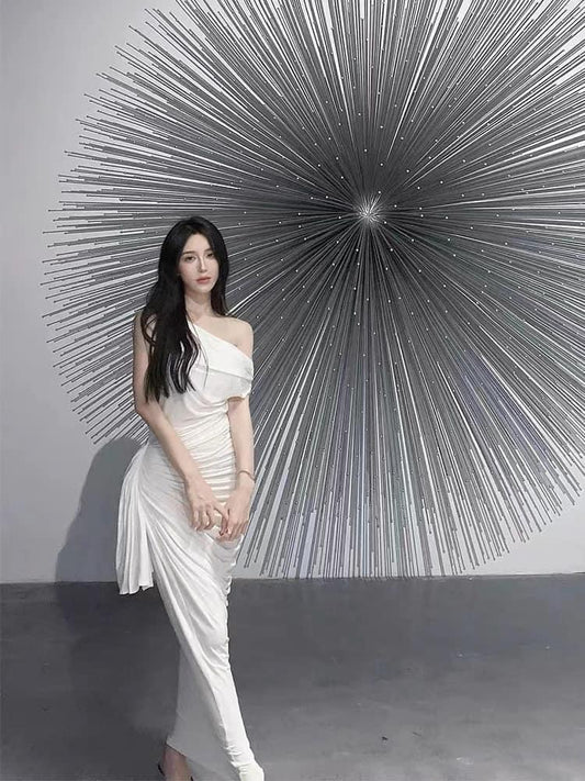 2ND STUDIOS white off-the-shoulder dress celebrity temperament goddess fan pleats slim slim dress female