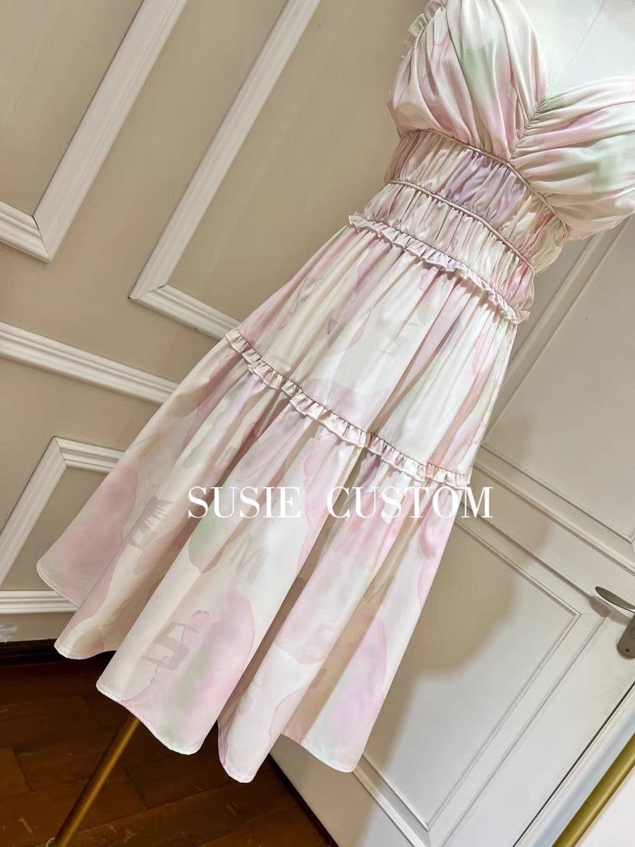 Customized deep V-neck pleated fungus edge with chest pad waist A-line tutu skirt printed suspender dress